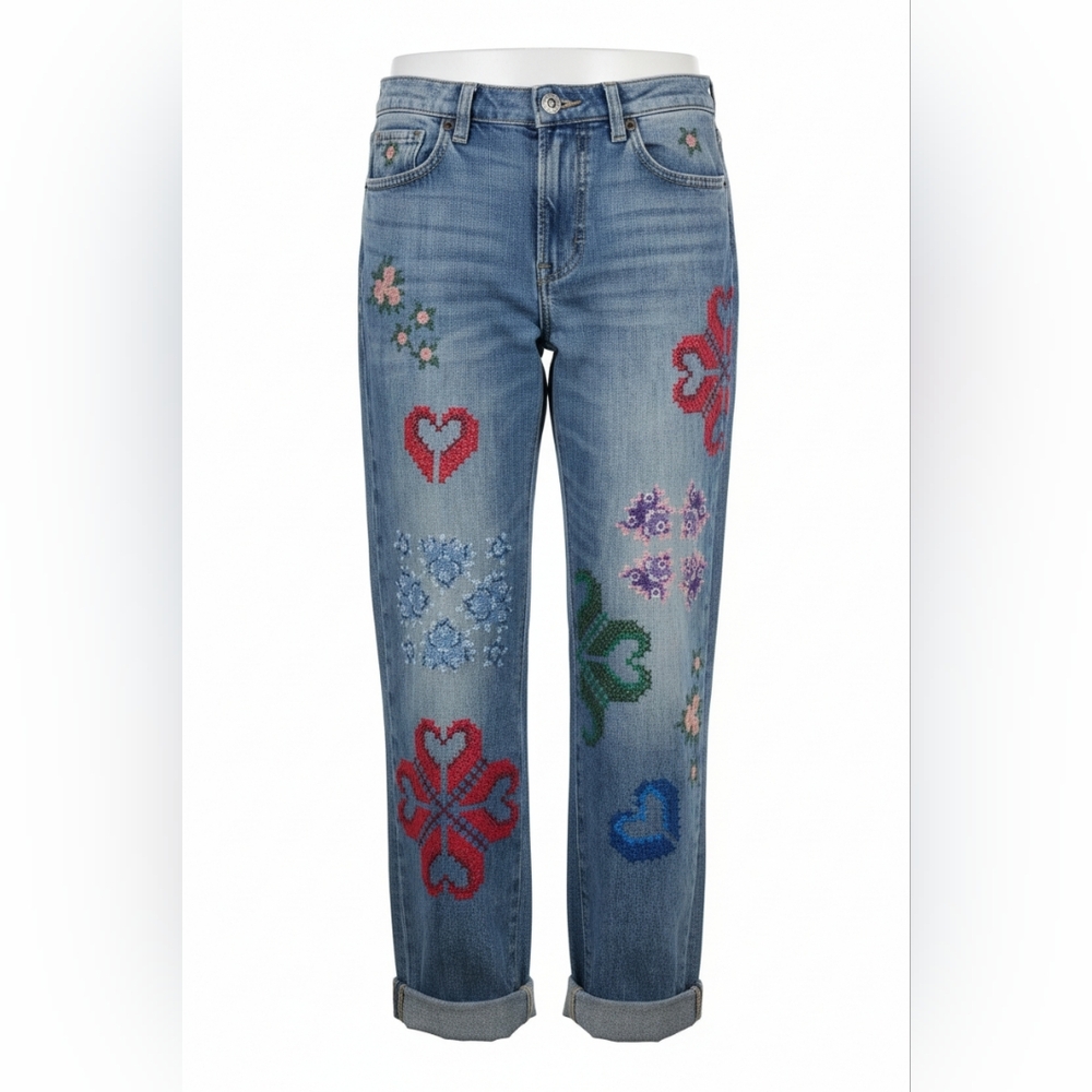 Lucky Brand Light Blue Straight-Leg Jeans with Multicolored Embroidery